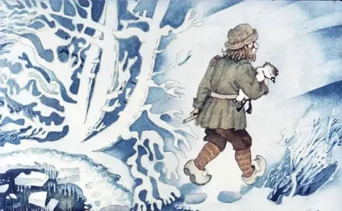 Ilustrație cu un bărbat îmbrăcat în haine de iarnă, purtând un animal în brațe, mergând printr-un peisaj de iarnă.