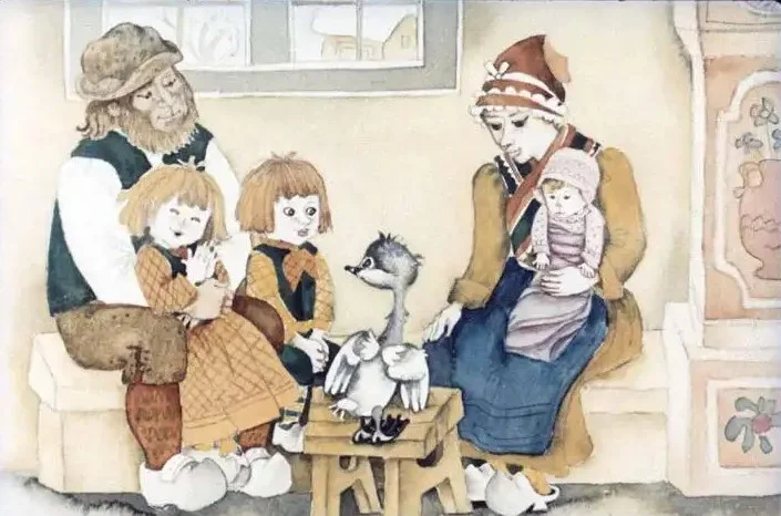 Ilustrație cu o familie care stă pe o bancă, incluzând doi copii, un bărbat și o femeie, care țin o păpușă, și o rață care se află pe o masă. Background-ul arată o fereastră și un colț de cameră decorat.