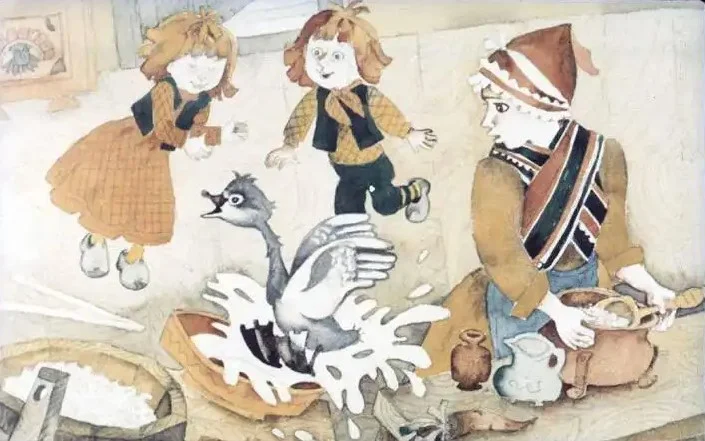 Ilustrare care prezintă trei copii jucându-se într-o cameră, înconjurați de obiecte de uz casnic, iar unul dintre ei pare să interacționeze cu o rață care sare dintr-un recipient.