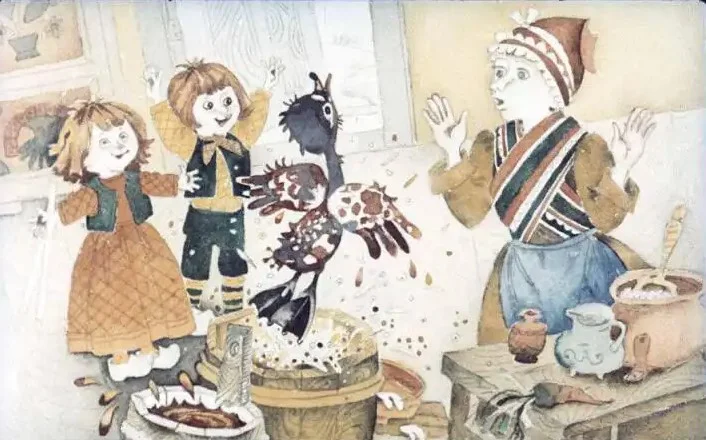 O ilustrație care prezintă doi copii care se bucură în timp ce un păun colorat zbura, provocând haos într-o bucătărie, iar o femeie surprinsă îi privește.