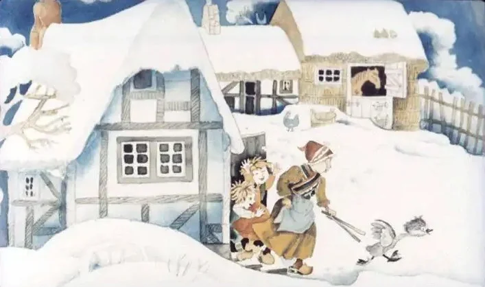 Ilustrație cu o femeie și doi copii ieșind dintr-o casă acoperită cu zăpadă, în timp ce o rață merge pe zăpadă.