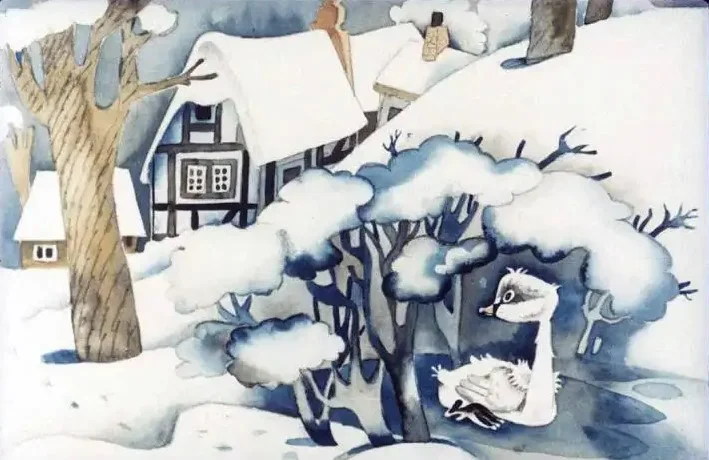 Imagine desenată cu un peisaj de iarnă, inclusiv un copac, case acoperite cu zăpadă și o rață care stă pe apă.