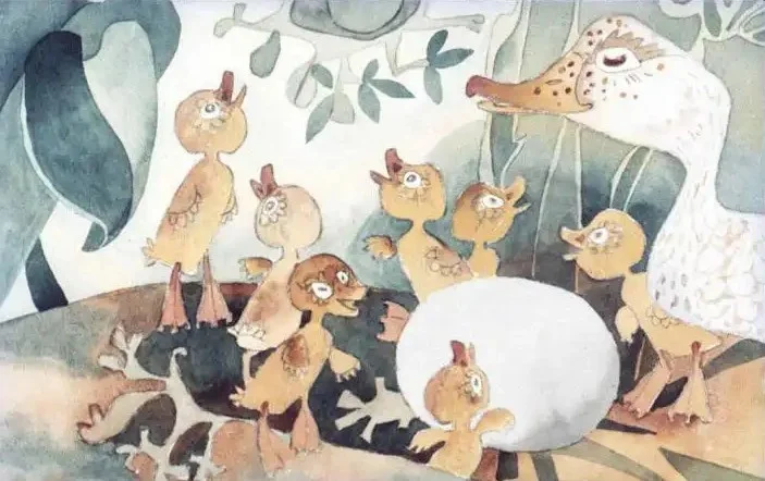 Ilustrație cu o rață și mai mulți pui de rață în jurul unui ou pe un fundal natural.