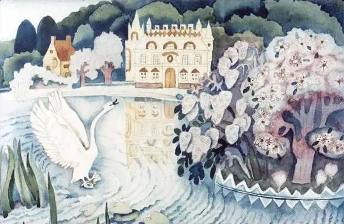 O pictură care ilustrează un peisaj idilic cu un lac, un lebădă, un castel și copaci înfloriți.