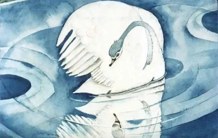 O pictură care prezintă o lebădă albă în apă, cu reflexii în oglindă și fundal albastru.