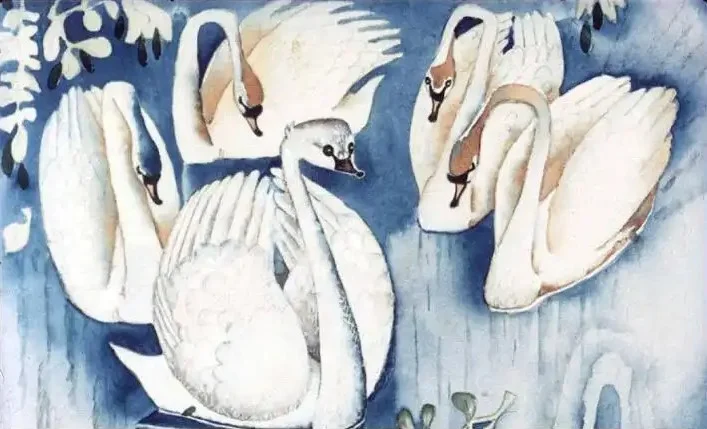 Ilustrație artistică cu cinci lebede albe înotând pe un fundal albastru.