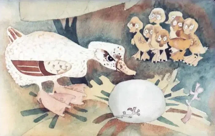 Ilustrație a unei rațe care se uită la un ou, în timp ce mai multe puișoare de rață stau în fundal.