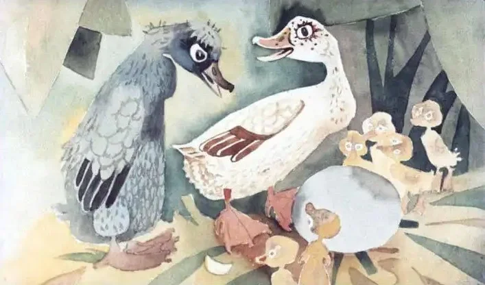 Ilustrație cu două rațe și mai multe rațoni într-un peisaj natural.