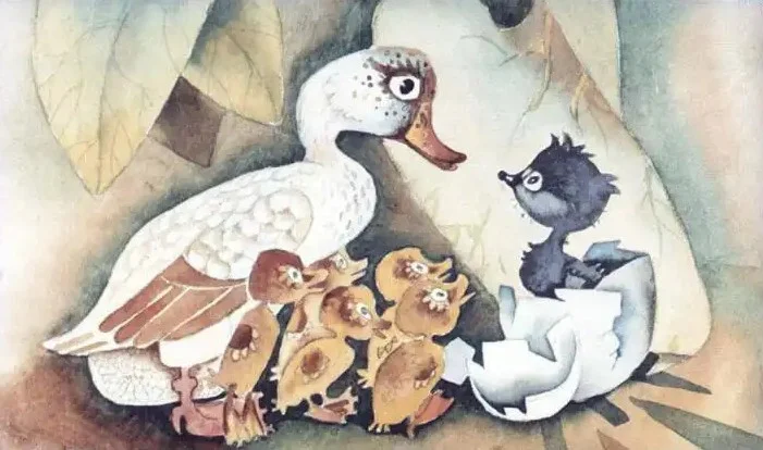 O rață și mai mulți pui de rață stau lângă un ou spart, în timp ce un alt pui negru iese din ou.