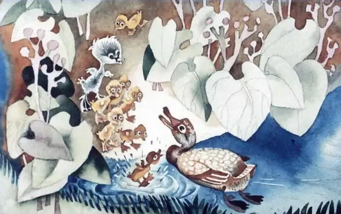 O ilustrație care prezintă o rață și puii săi lângă un curs de apă, înconjurați de plante și o pasăre pe un copac.