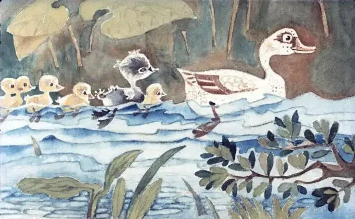 Ilustrație cu o lebădă și puii ei înotând într-o apă liniștită, înconjurați de vegetație.