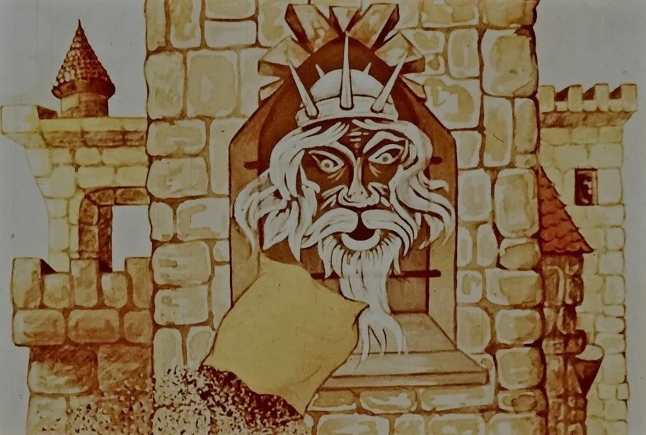 Ilustrație a unei fortărețe medievale, cu o față de piatră înfățișând un personaj mitologic, privind dintr-o fereastră.