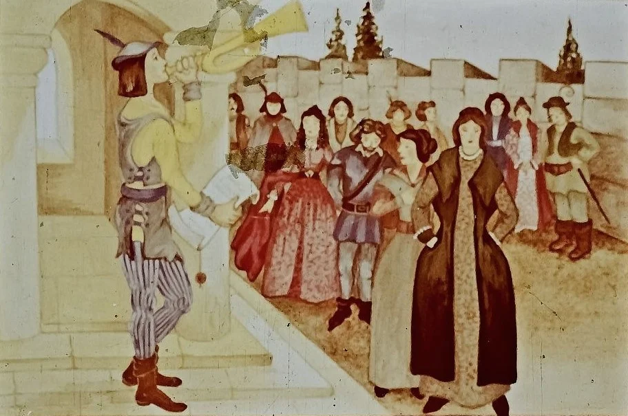 O ilustrație reprezentând o scenă istorică, cu o persoană care ține un instrument de amplificare și vorbește, în fața unui grup de oameni îmbrăcați în costume din trecut.