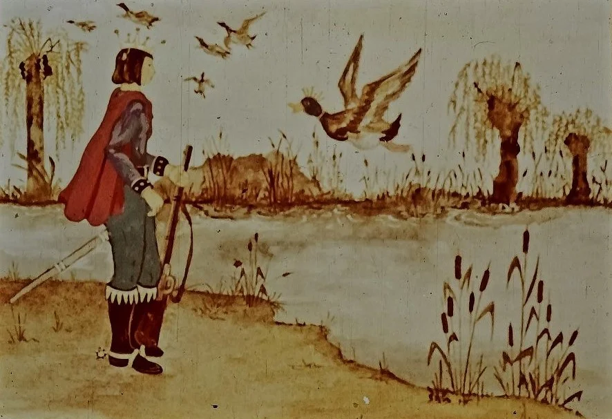 A painting depicting a figure in traditional attire standing by a riverbank with a bow, observing a flying duck amidst a natural landscape.