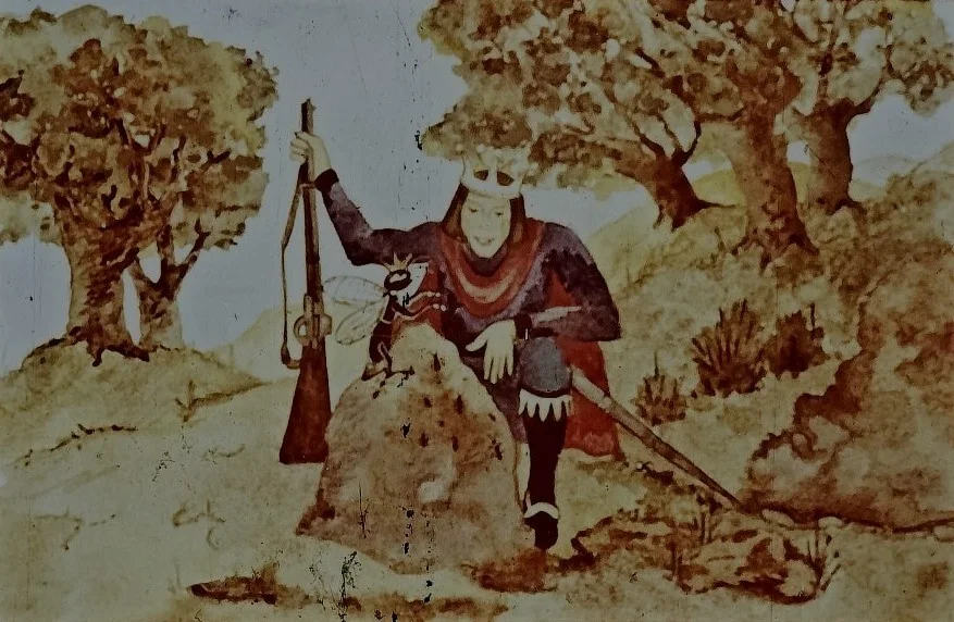 A painting depicting a figure in a historical attire, holding a rifle and seated beside a rock in a natural landscape with trees.