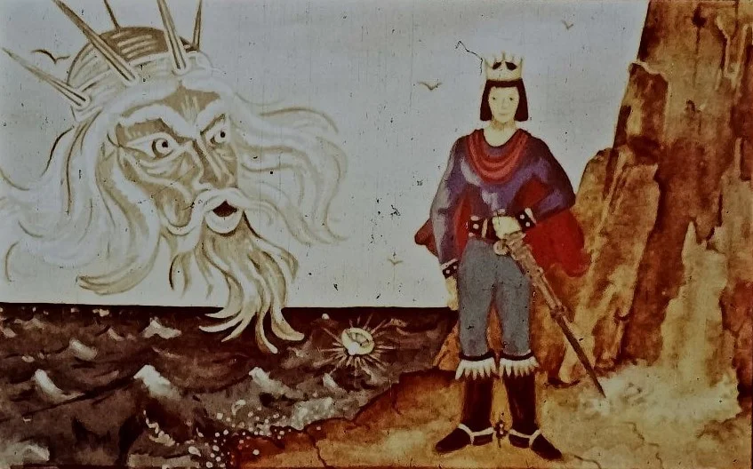 O pictură ce înfățișează un bărbat înarmat, stând pe o stâncă lângă mare, în fața unei figuri mitologice cu o barbă lungă și o coroană, reprezentând o divinitate marină.