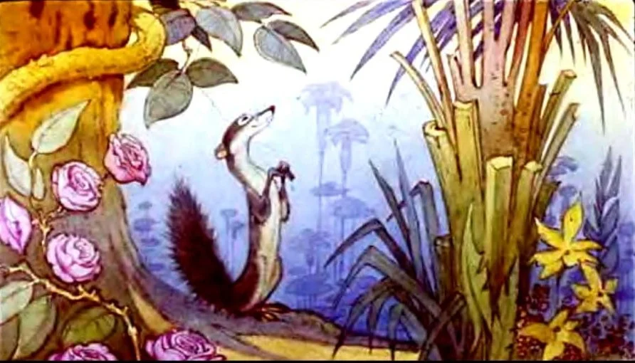 Ilustrație cu Rikki-Tikki-Tavi explorând grădina, înconjurat de plante și flori, sugerând familiarizarea cu mediul său.