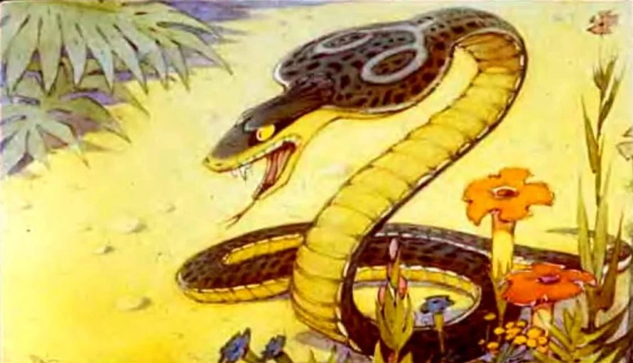 Ilustrație cu un șarpe cobra neagră și flori, acompaniată de un fragment de poveste.
