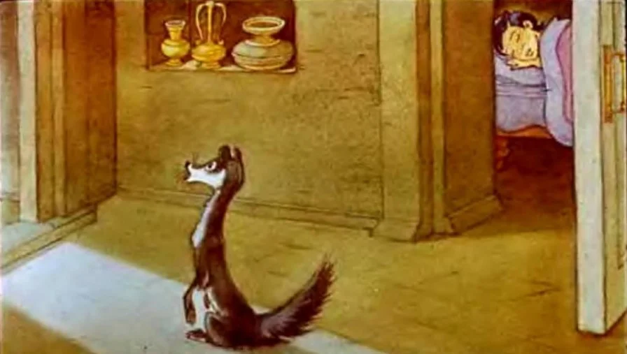 Imagine dintr-o poveste animată, cu un personaj de tip vagabond care observă o scenă dintr-un bungalow.