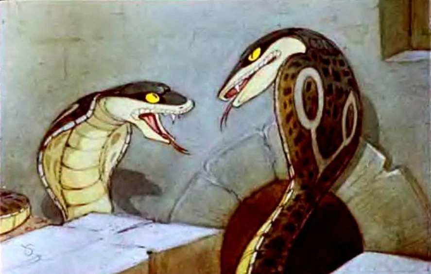 Ilustrație cu două șerpi, unul fiind cobra, într-un decor de interior, citat despre interacțiunea dintre șerpi și manguste.