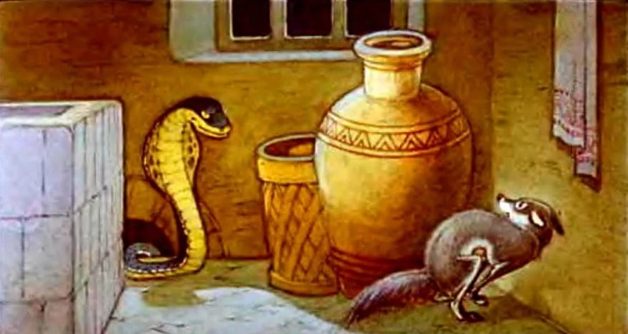 Ilustrarea unei scene dintr-o poveste, cu un șarpe și o mangustă în interiorul unei camere, evidențiind tensiunea dintre cele două personaje.