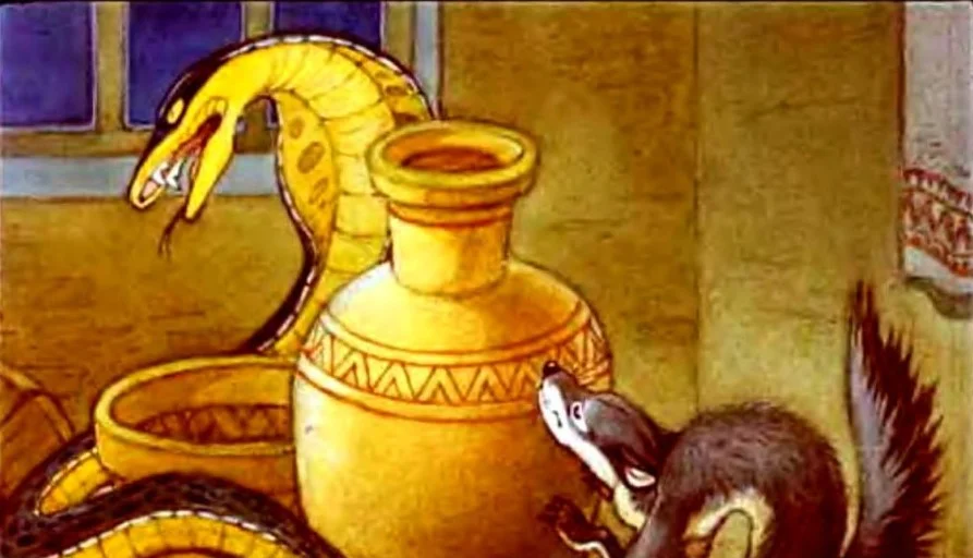 Ilustrație cu o mangustă și o cobra, cu detalii despre o confruntare tensionată între cele două animale.