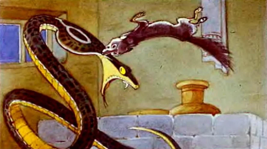 Ilustrație cu o cobră și o mangustă angajate într-o luptă, reprezentând o scenă dintr-o poveste.
