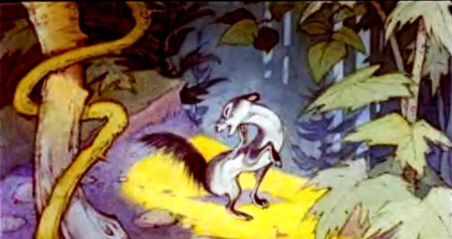 Ilustrație cu o mangustă numită Rikki-Tikki-Tavi, descrisă în textul asociat.