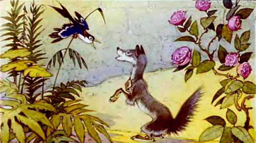 Ilustrație cu un șoarece, Rikki-Tikki-Tavi, și o pasăre care discută într-un peisaj floral.