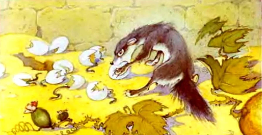 Text dintr-o ilustrație cu Rikki-Tikki-Tavi care distruge ouăle Nagainei în grădină.