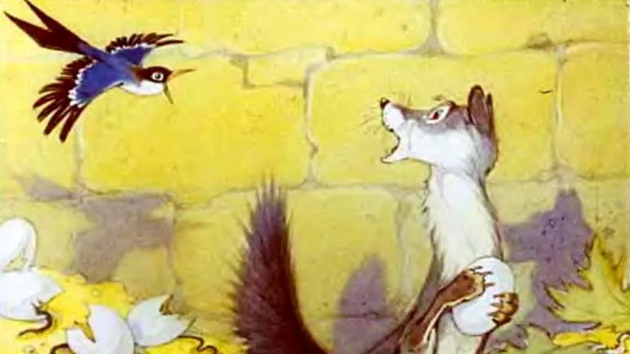 O scenă dintr-o poveste animată cu un șoarece și o pasăre. Textul de sub imagine descrie o situație tensionată.