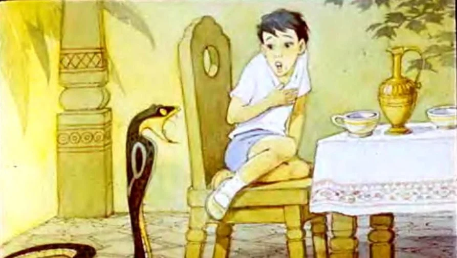 Ilustratie cu un baiat speriat langa o cobra, care se pregateste sa musce, in timp ce baiatul sta pe un scaun.