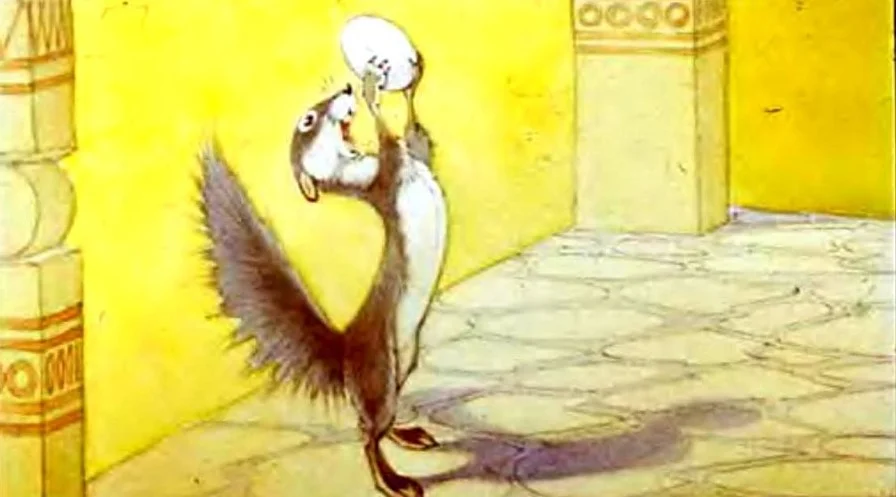 O scenă dintr-o poveste ilustrată cu un animal care flutură un ou, în timp ce povestește despre un moment anterior.