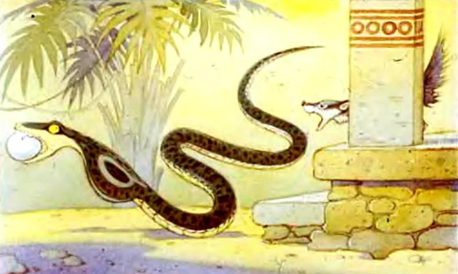 Ilustrație cu un șarpe și o mangustă, text descriptiv despre o mamă șarpe care se grăbește spre cuibul ei.