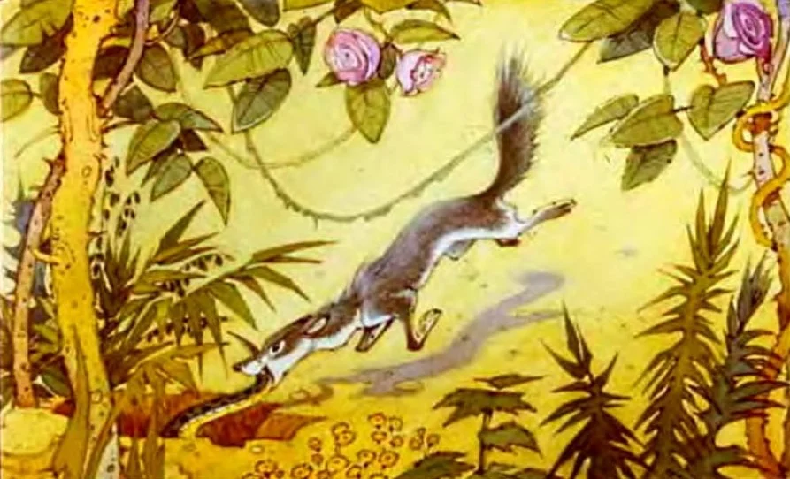 O ilustrare cu o scenă dintr-o poveste, arătând un animal care se grăbește printr-o zonă de vegetație densă, cu text explicativ susținut în partea de jos.