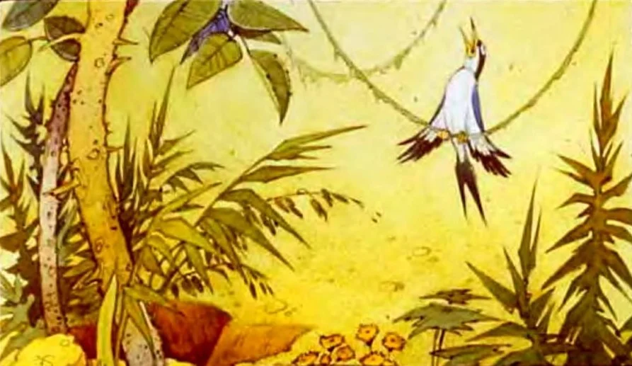 Ilustratie a unui peisaj cu o pasare care canta, simbolizand durerea si admiratia pentru un alt animal.