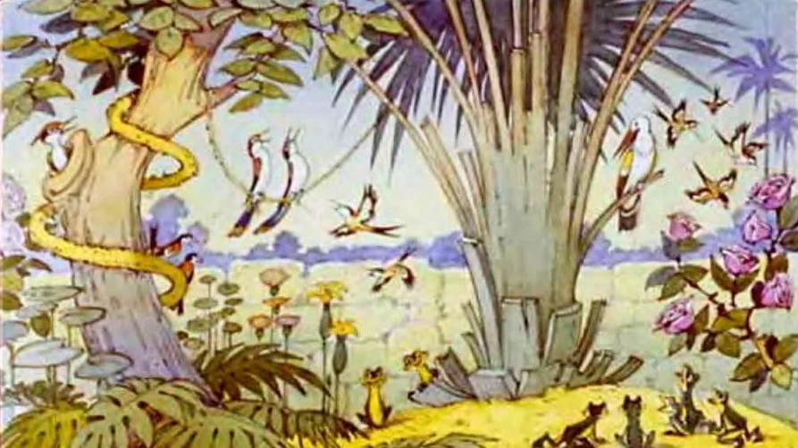 Ilustrație colorată cu diverse animale și vegetație într-o grădină, însoțită de un text despre fericirea creaturilor datorită victoriei unui erou.