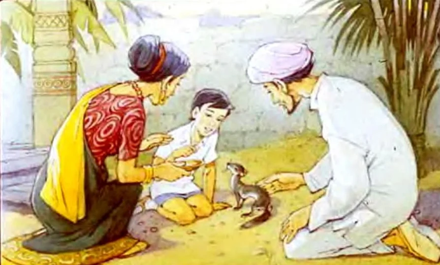 Trei personaje interacționează cu o mangustă în aer liber, exprimate prin gesturi de recunoștință și afecțiune.