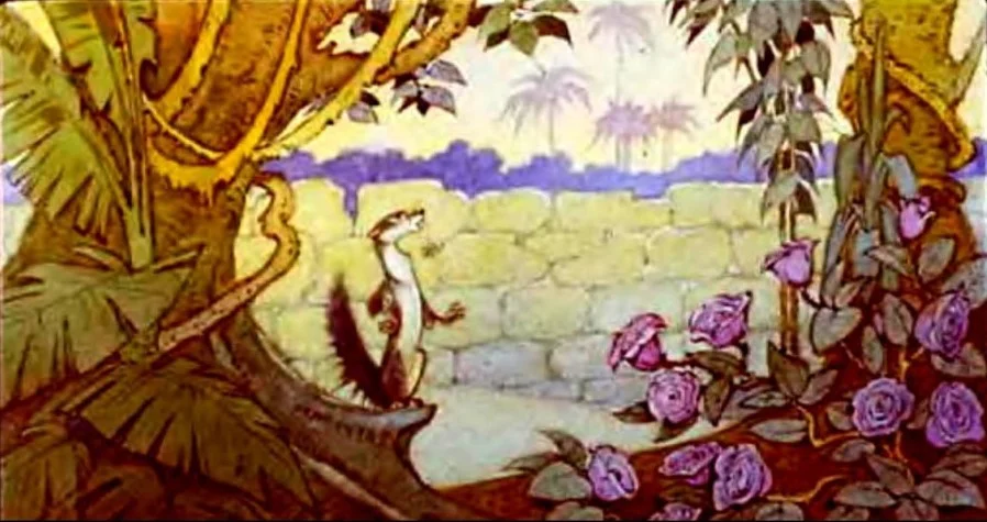 Ilustrație cu un personaj animat de tip mangustă în mijlocul unei grădini, cu flori și un zid de piatră în fundal.