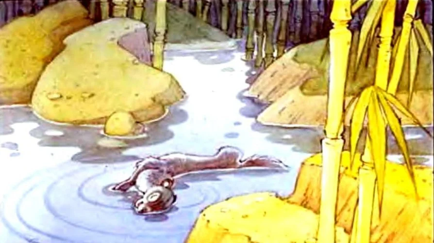 Imagine ilustrativă cu o mangustă în apă, desprinsă dintr-o poveste, se agită în timp ce plutește.