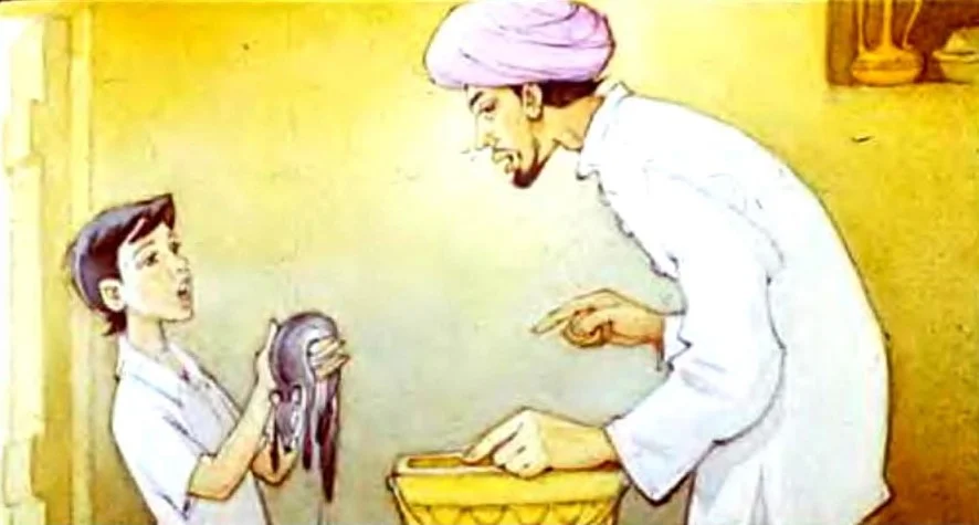 Ilustrație cu un băiețel care discută cu un adult despre o mangustă care pare moartă.