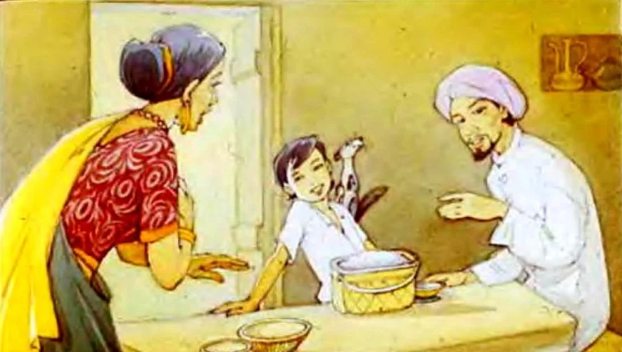 Ilustratie cu Rikki-Tikki-Tavi, o mangusta vesela, si un baiat numit Teddy, intr-o scena in care familia interactioneaza.