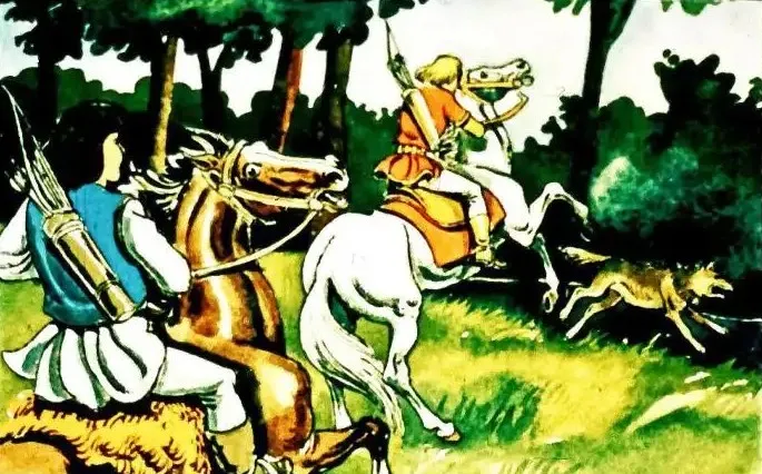 Ilustrație cu personaje cavaleri pe cai, urmărind un lup în pădure.
