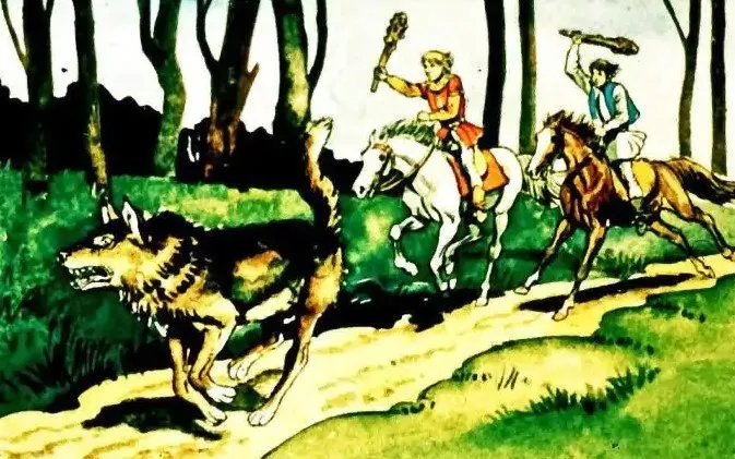 Ilustrație de poveste cu personaje călare care urmăresc un lup în pădure.