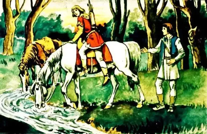 Ilustrație cu personaje călare pe un cal alb, oprindu-se lângă un izvor în pădure.
