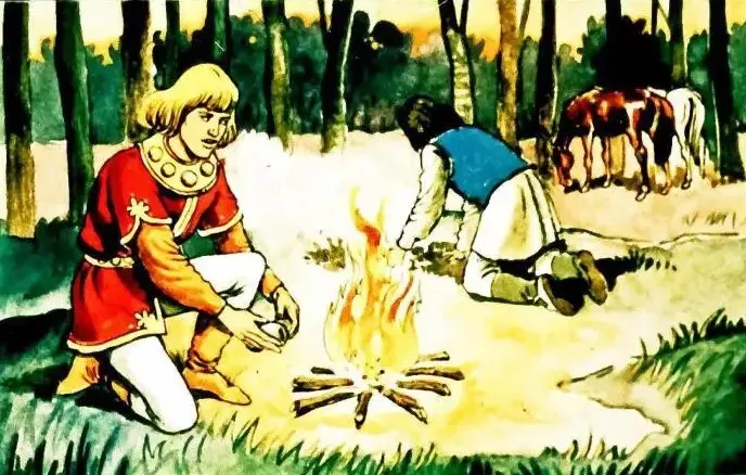 Ilustrație cu doi băieți care aprind un foc și pregătesc un culcuș în pădure.