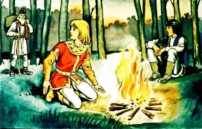Ilustrație cu un bătrân cu plete și barbă albă, stând lângă un foc, în mijlocul pădurii, însoțit de doi tineri.