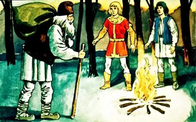Ilustrație cu un bătrân cu o traistă și trei tineri în jurul unui foc de tabără în pădure.
