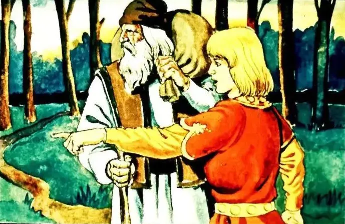 Ilustrație cu două personaje discutând într-o pădure, unul dintre ele indicând în direcția unui drum.