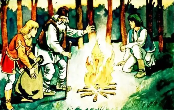 Ilustratie cu un moșneag și tineri în jurul focului, discutând despre călătorie.